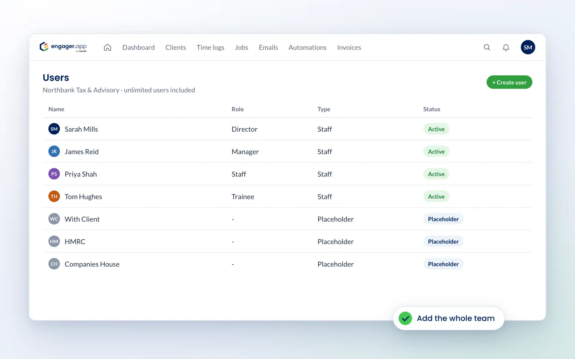 Engager users list with team members and placeholder users such as HMRC