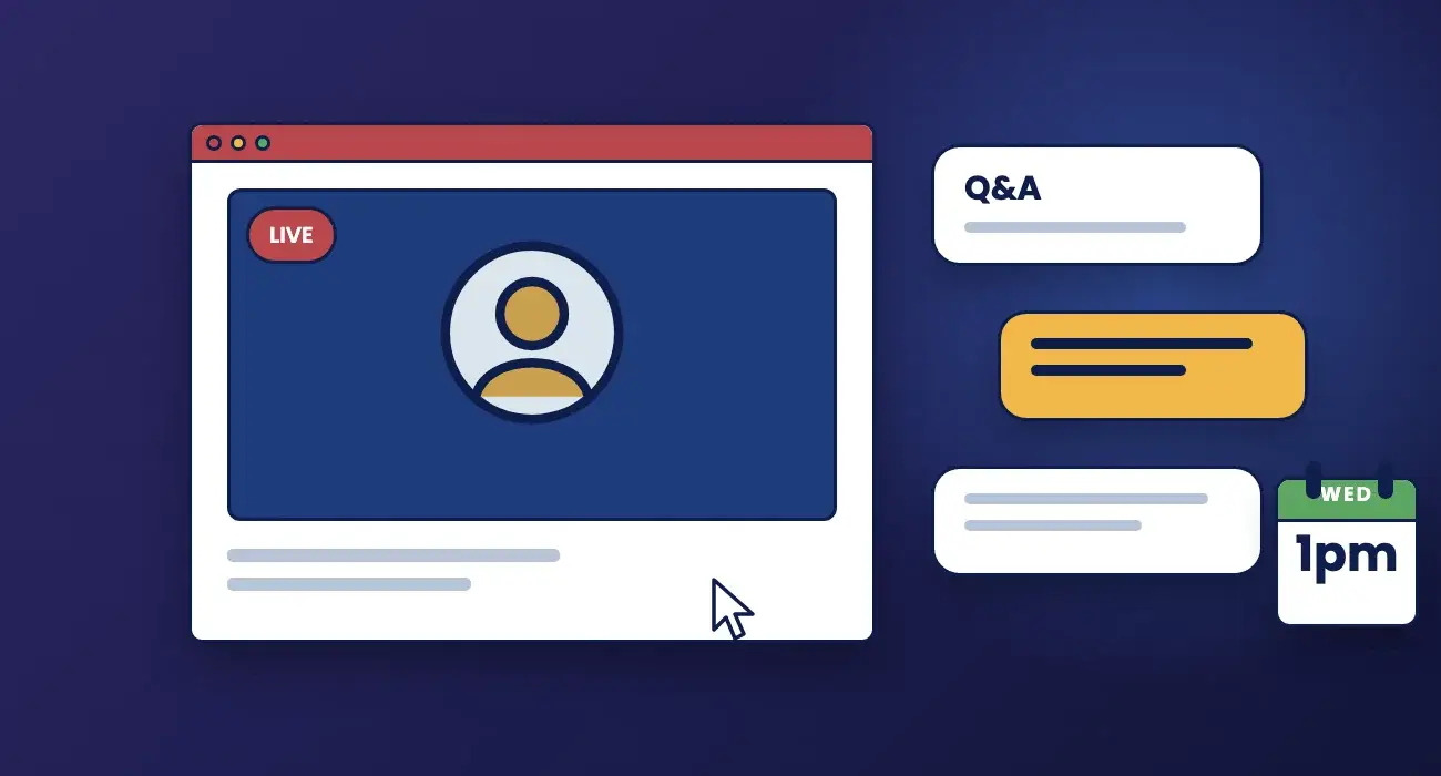 Illustration of a live video session with questions and answers, every Wednesday at 1pm