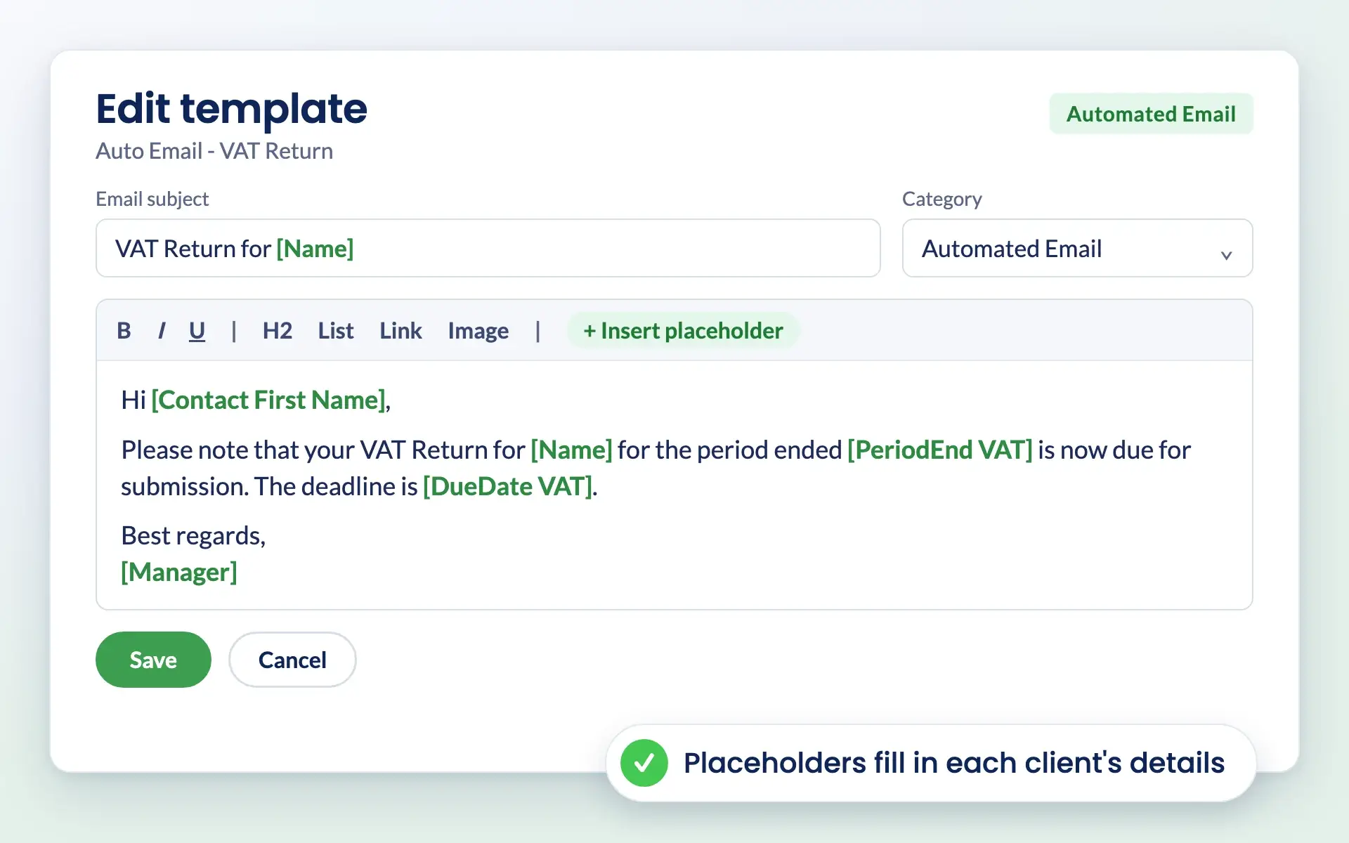 Engager email template for a VAT return reminder with placeholders for client name and due date