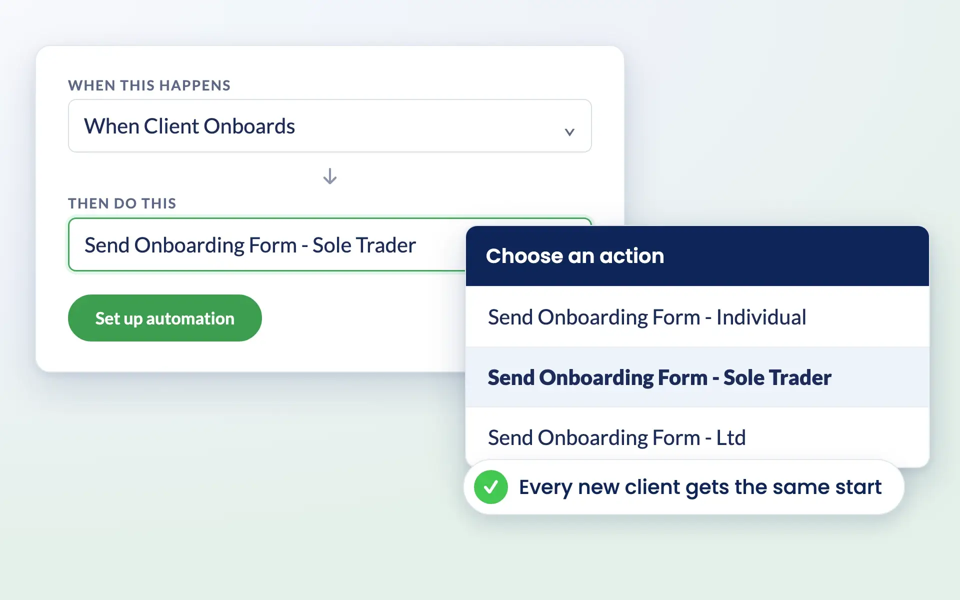Engager automation that sends a sole trader onboarding form when a new client onboards