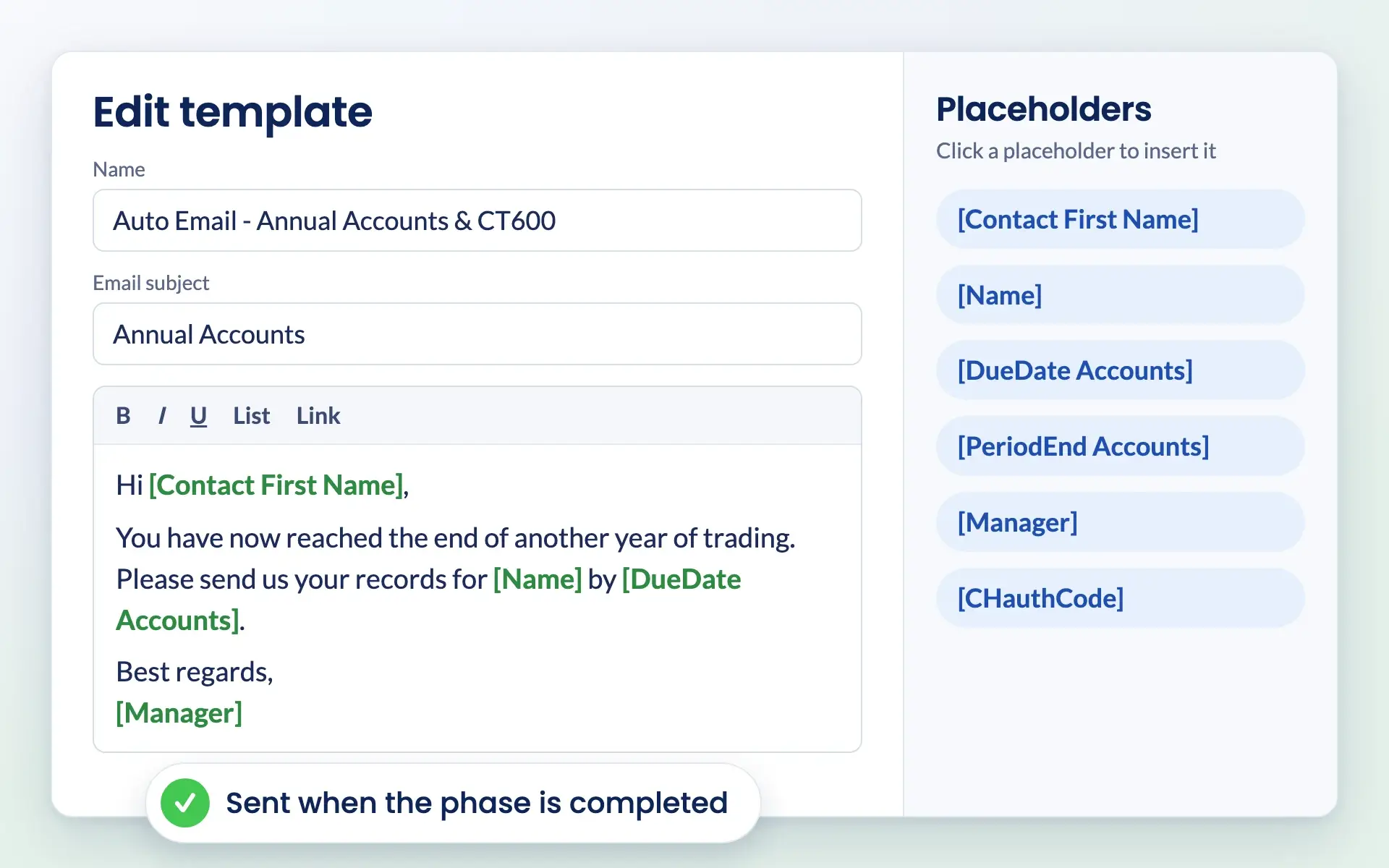 Automated email template in Engager with a list of placeholders to insert