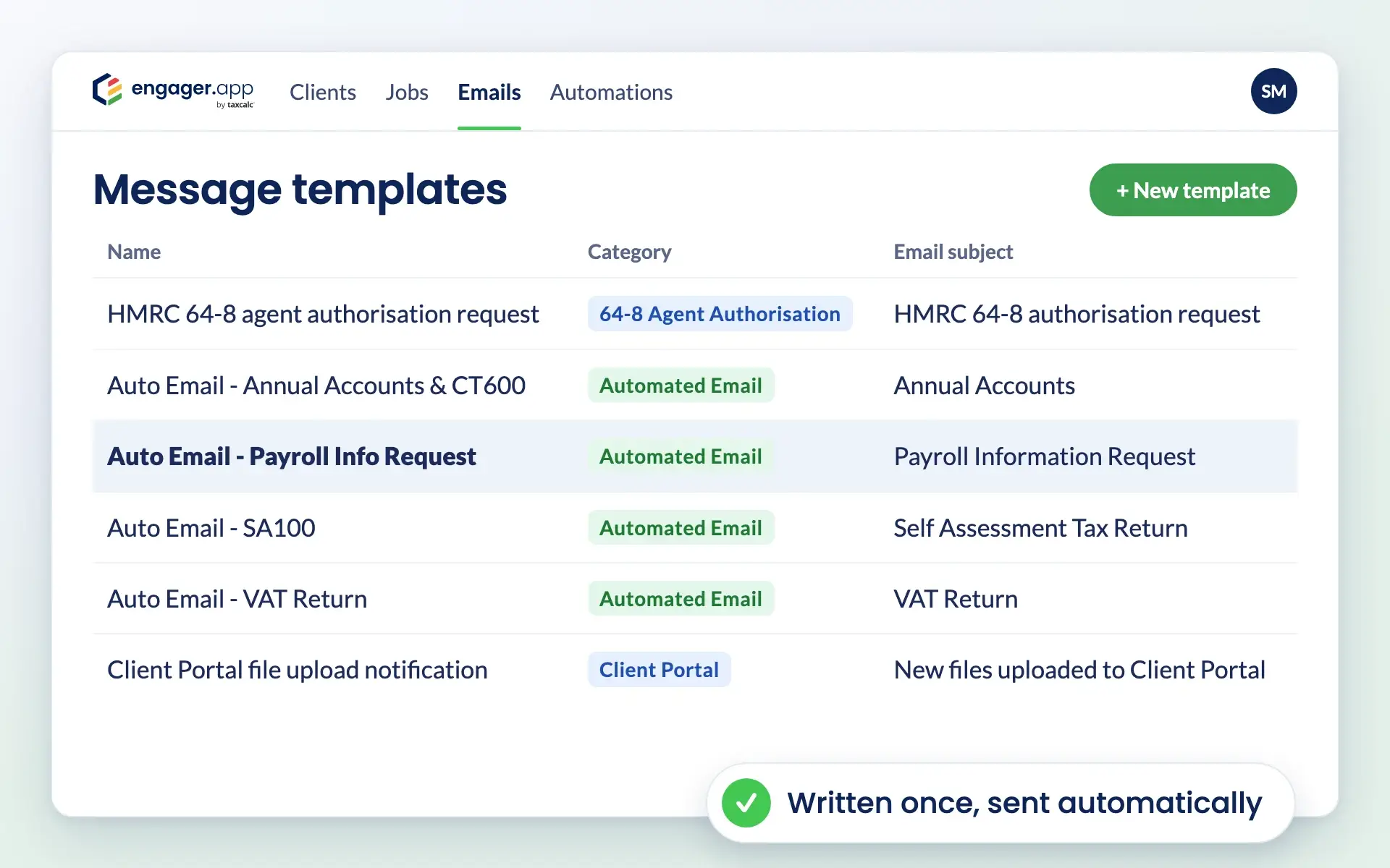 Engager message templates list with automated emails for accounts, CIS, payroll and VAT