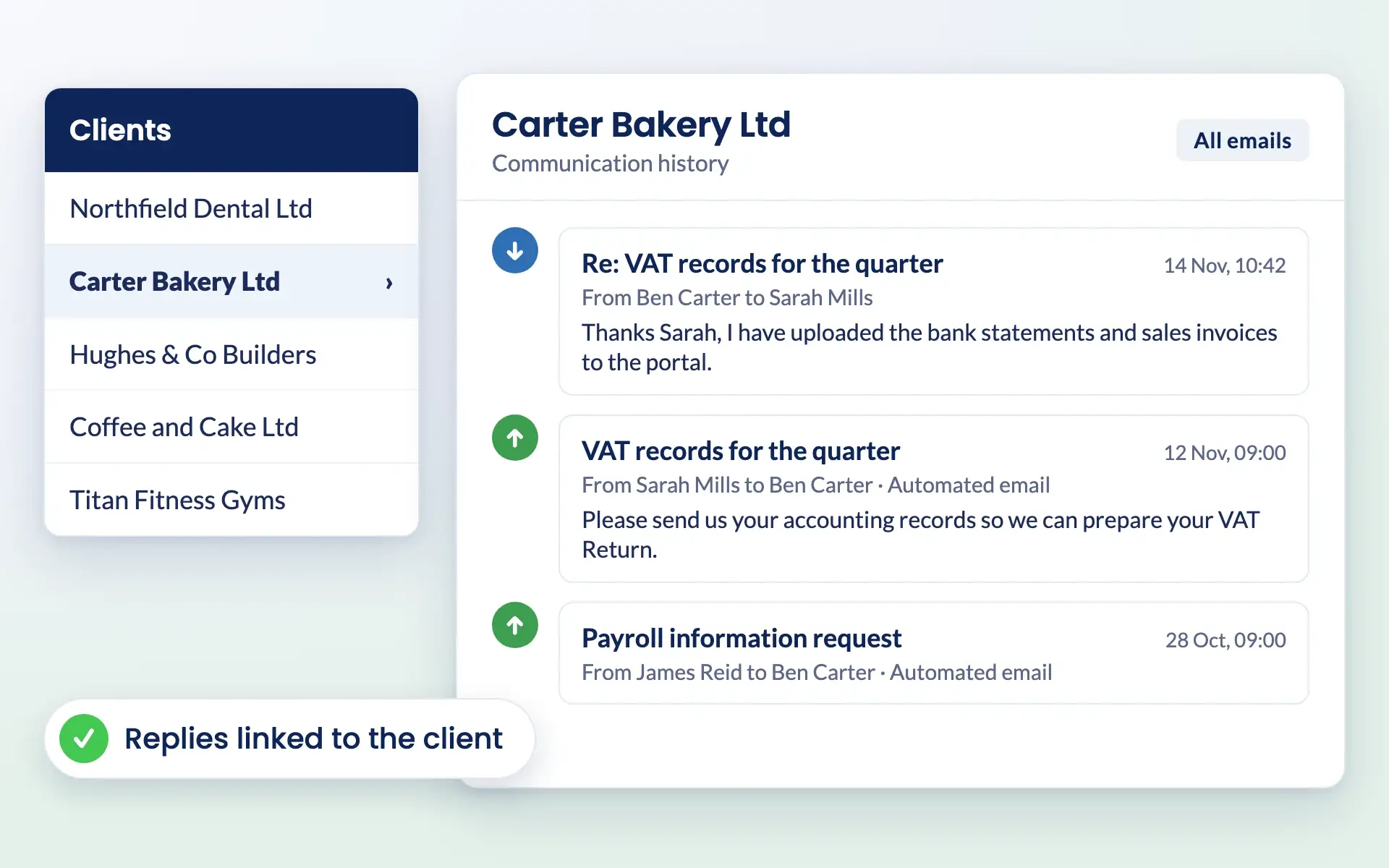 Client communication history in Engager with replies linked to Carter Bakery Ltd