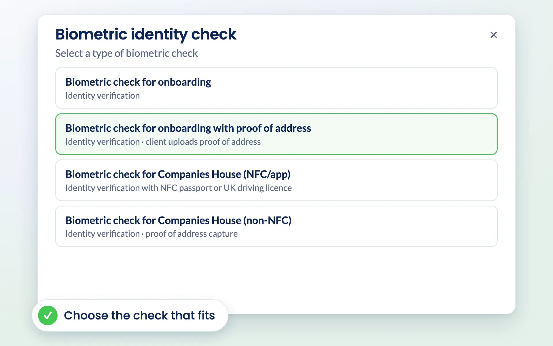 Choosing a type of biometric identity check in Engager