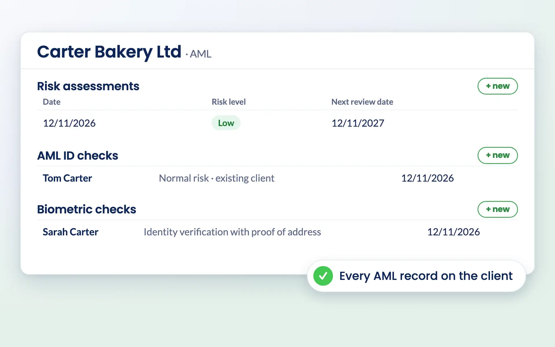 The AML tab on an Engager client record with a risk assessment, an AML ID check and a biometric check