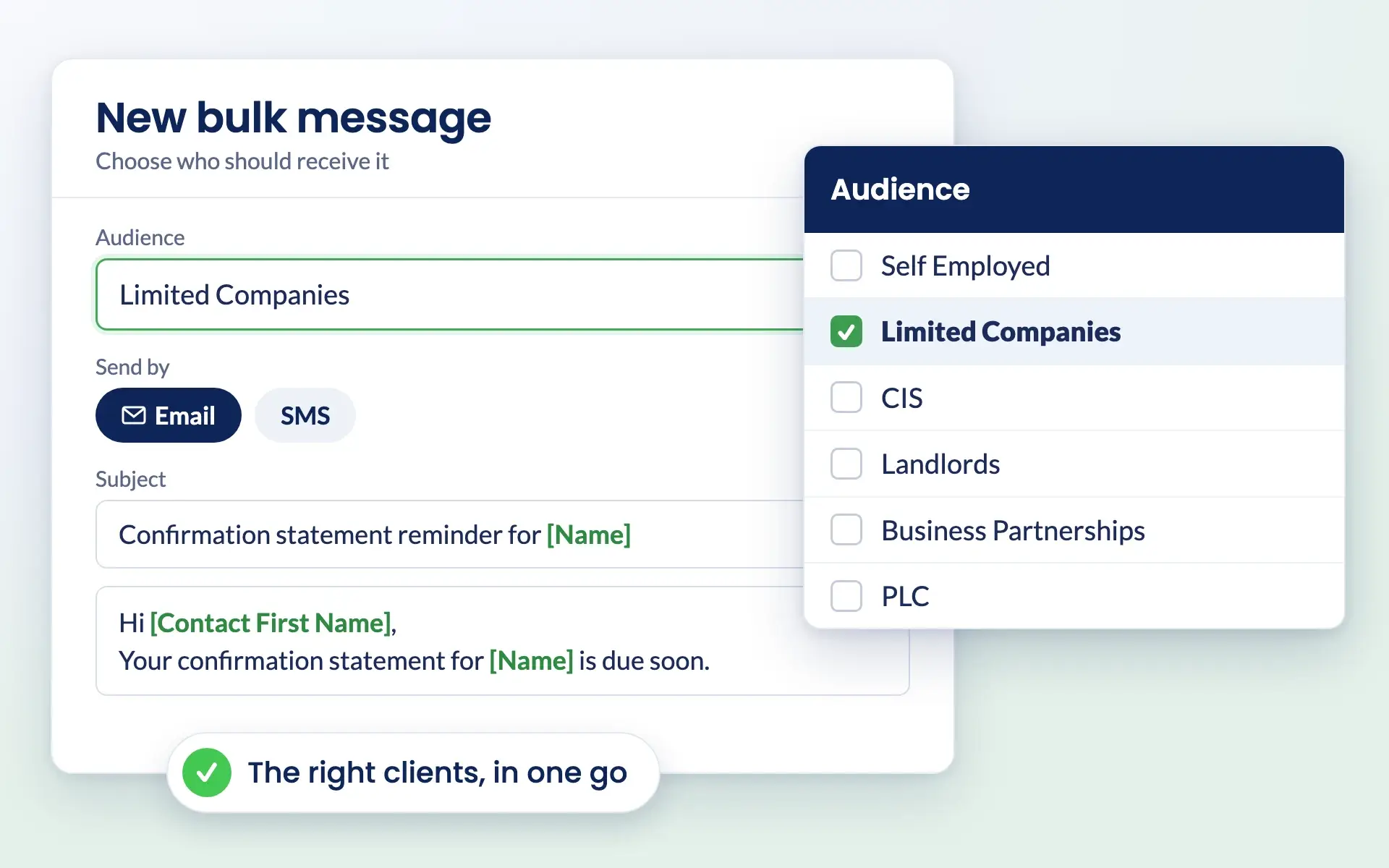 Engager bulk message audience picker with Limited Companies selected