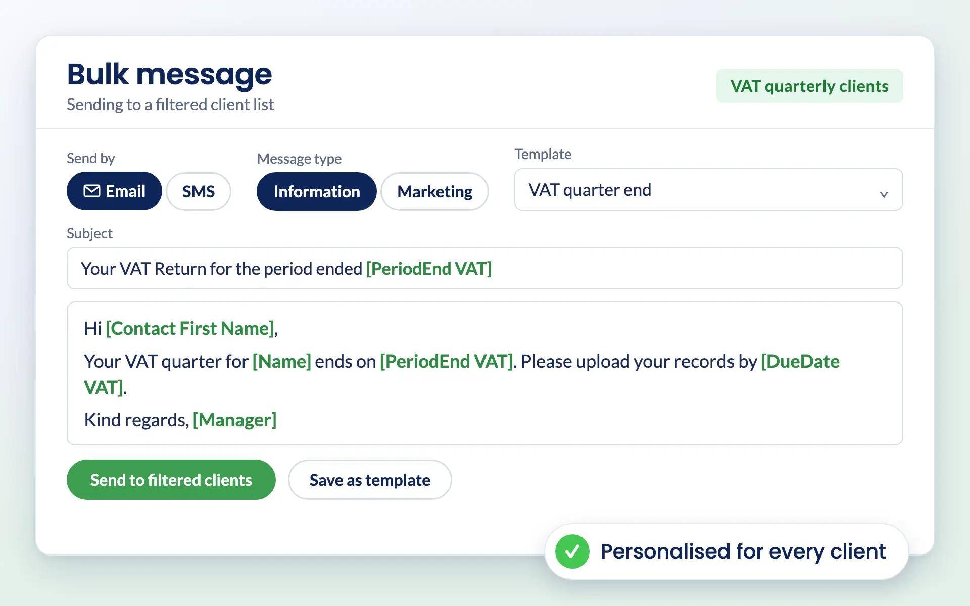 Engager bulk message to a filtered client list, with email or SMS and placeholders