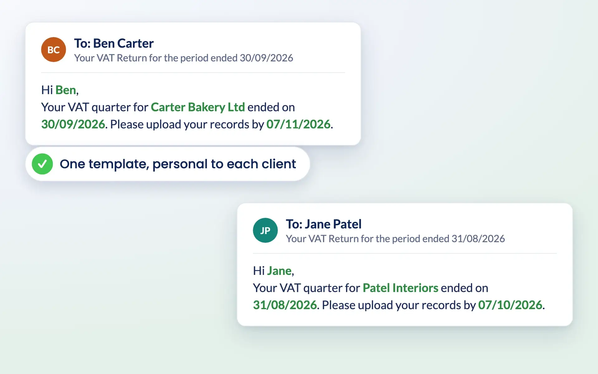 Two personalised emails generated from one bulk message template
