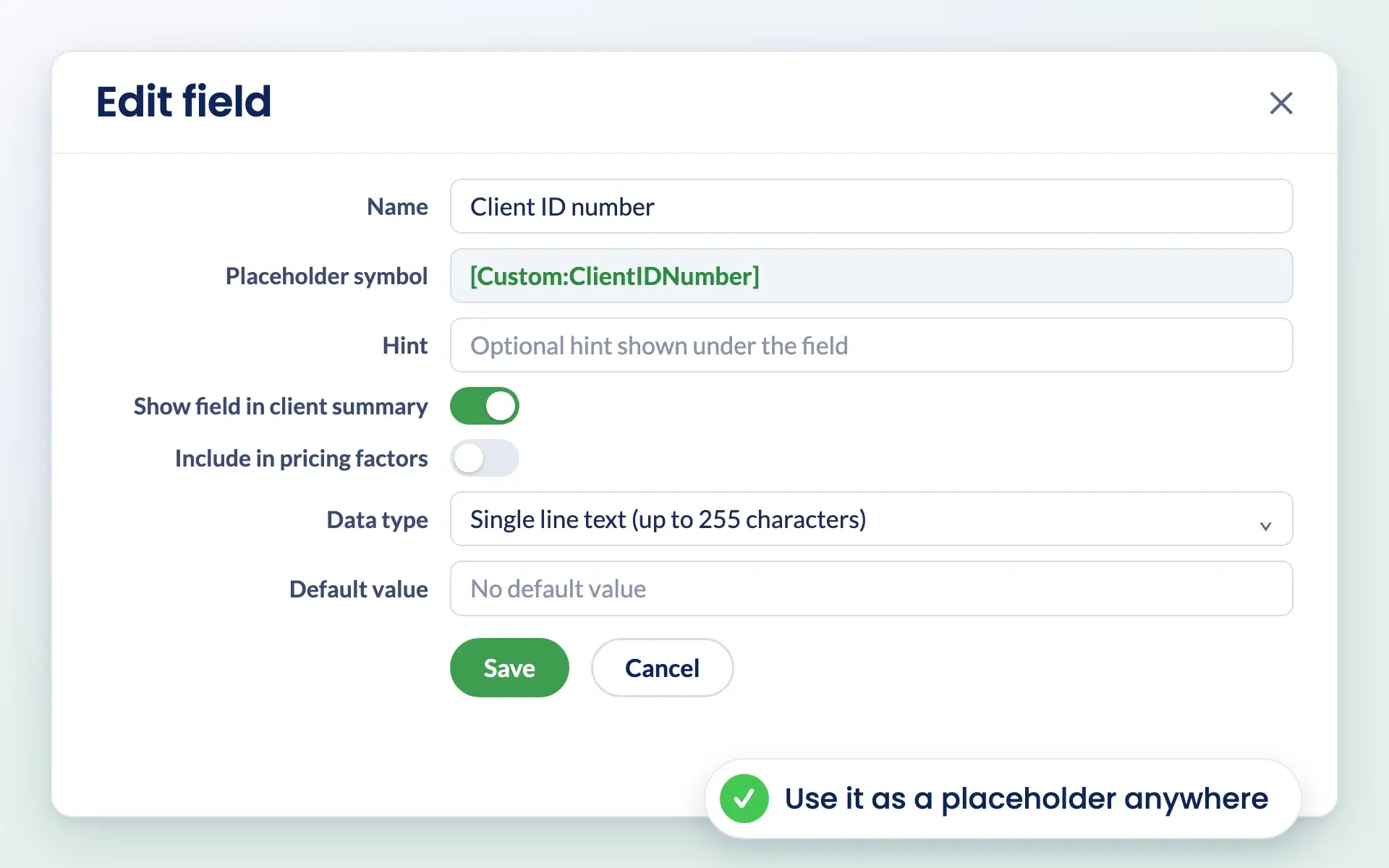 Editing a custom field in Engager with its placeholder symbol and data type