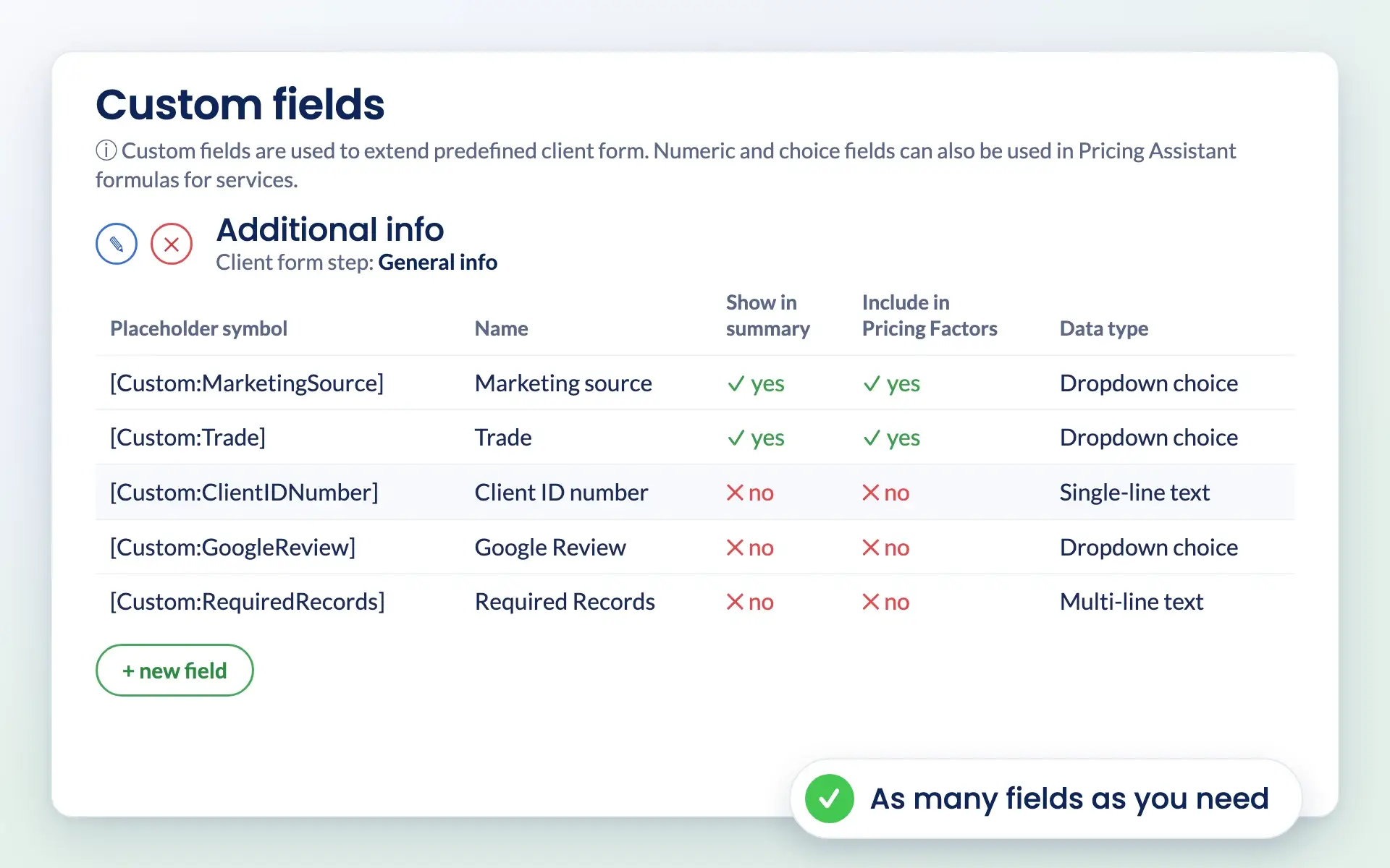 Engager custom fields settings with placeholder symbols and pricing factors