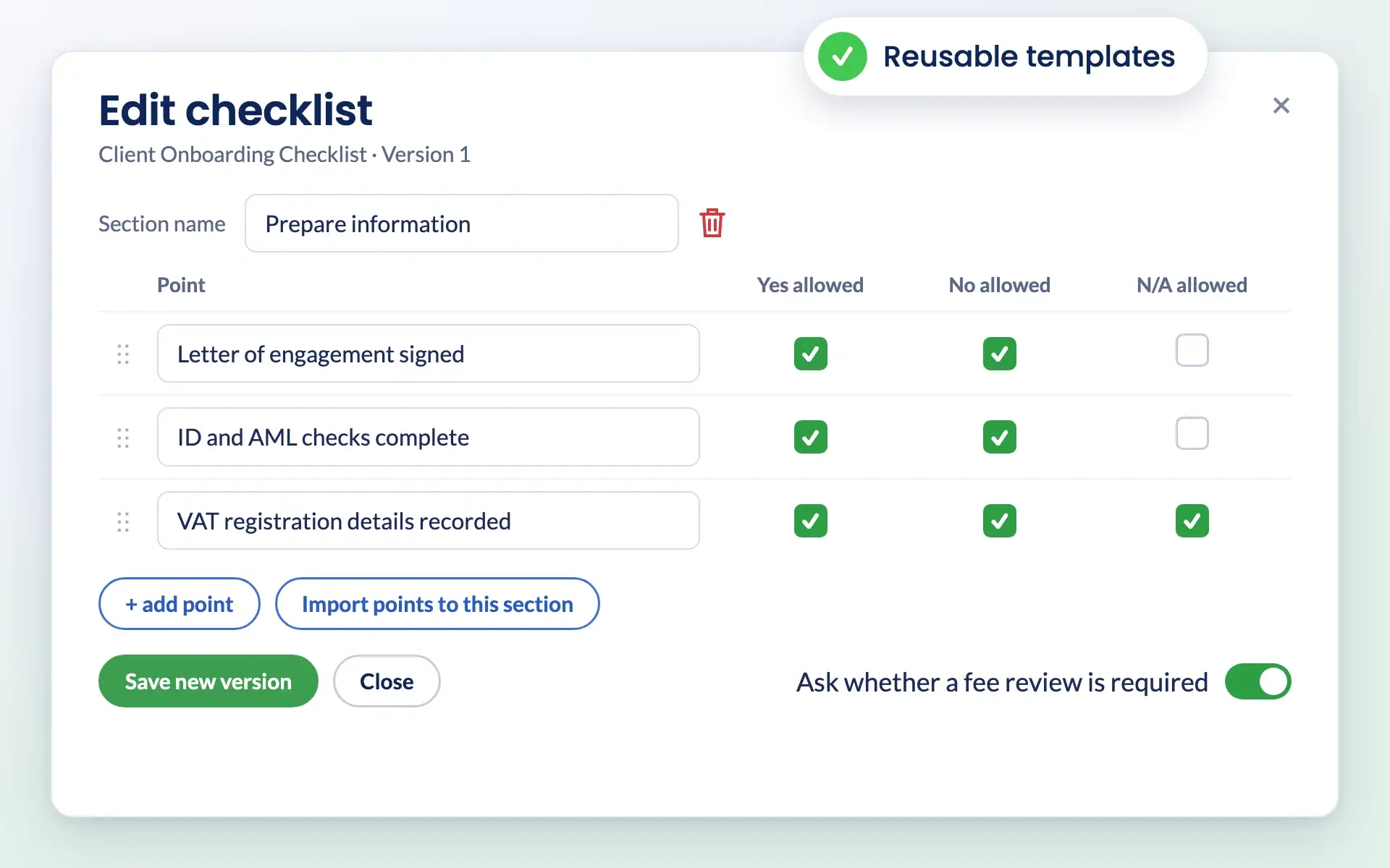 Editing a client onboarding checklist template in Engager