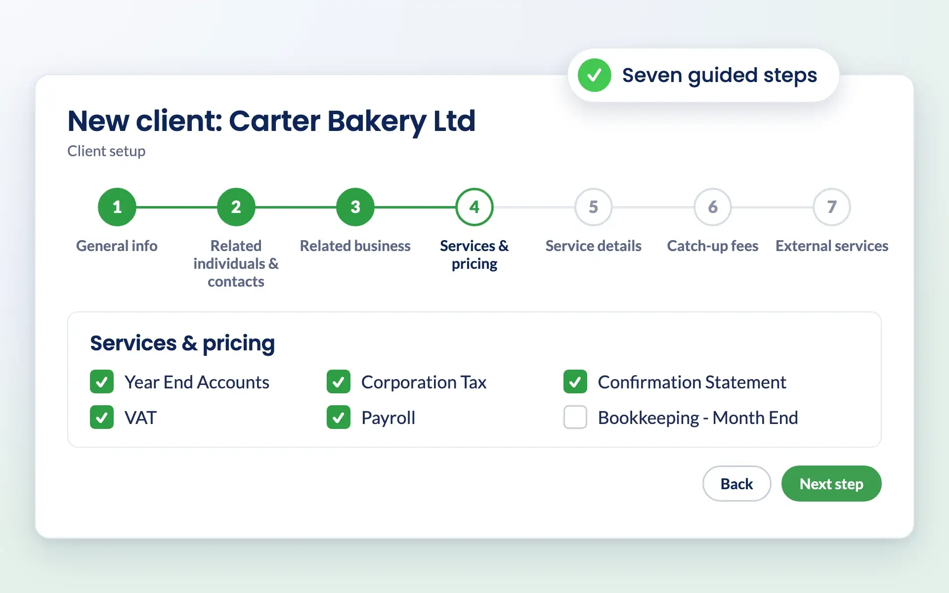 The seven steps of client setup in Engager, from general info to external services