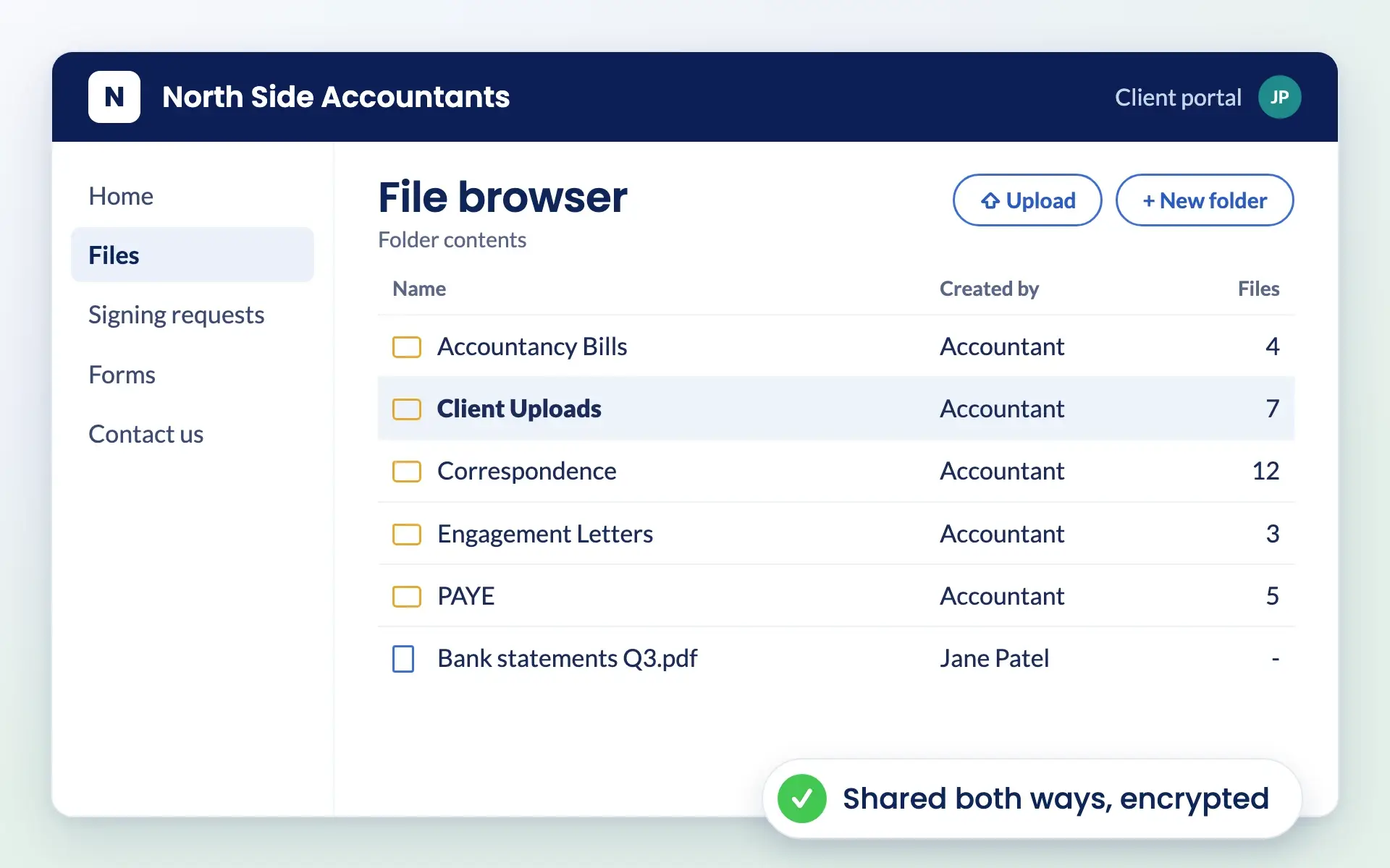 Branded client portal file browser with shared folders and documents