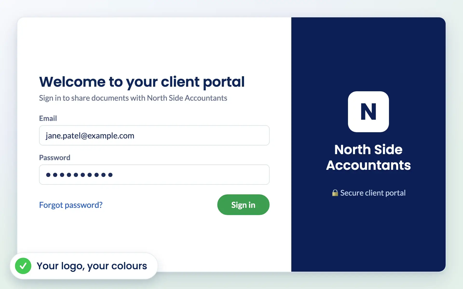 Branded client portal sign-in page for a fictional practice