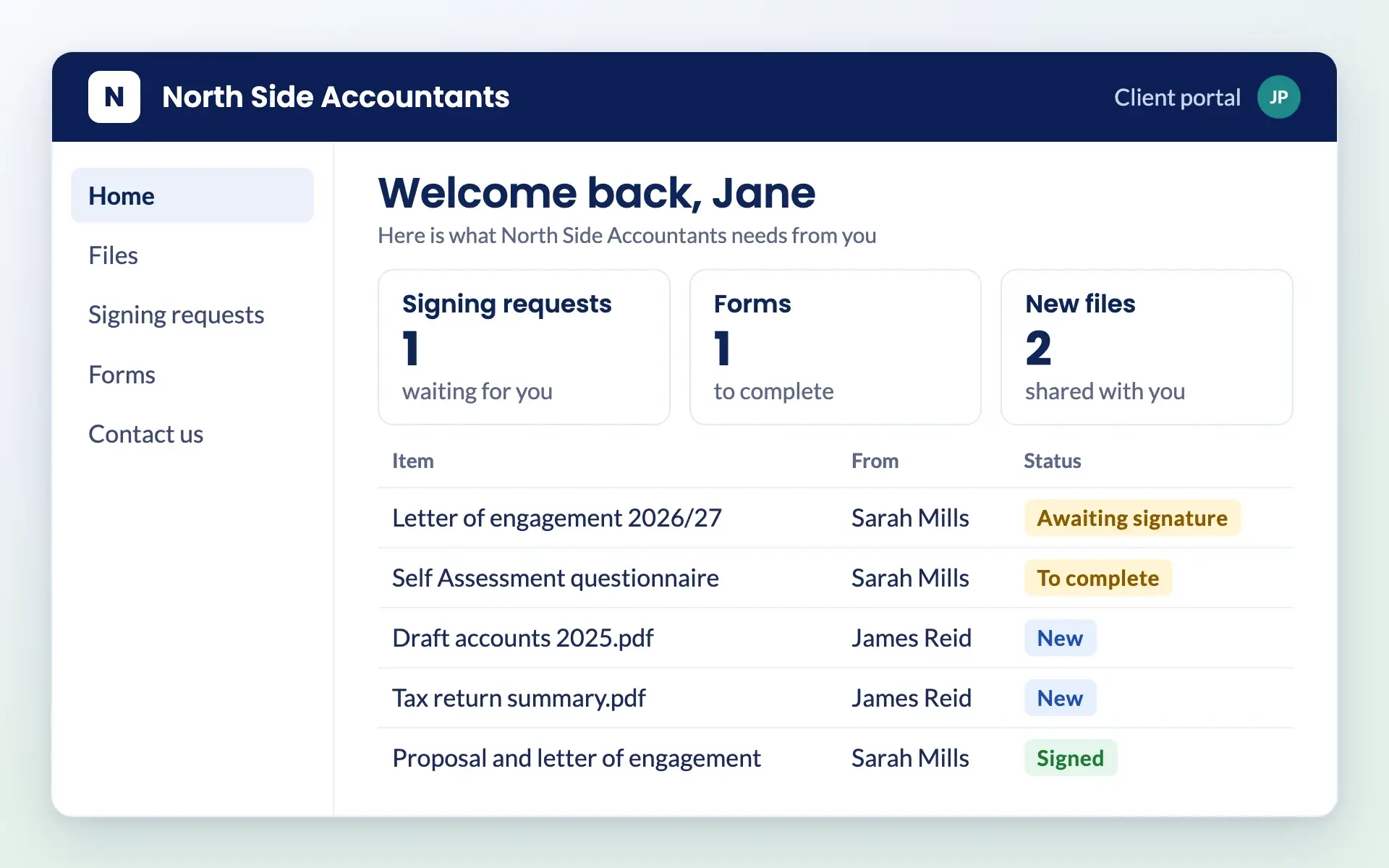 Client portal home page with signing requests, forms and new files for the client