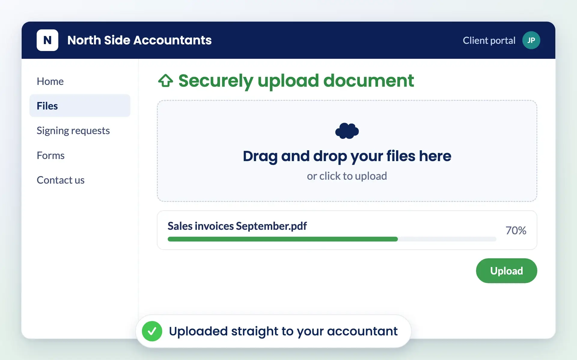 Client portal secure document upload with a drag and drop area
