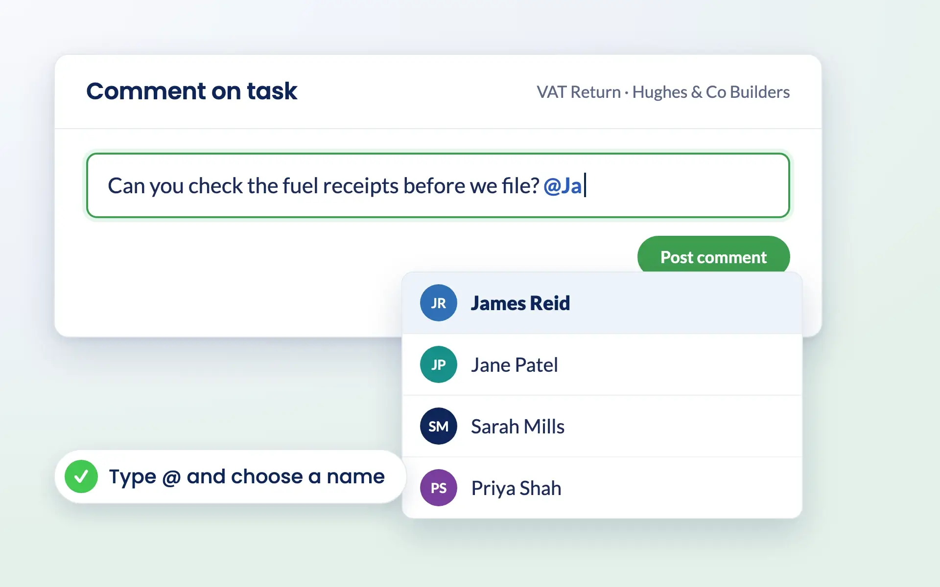Typing @ in an Engager comment to choose a colleague to tag