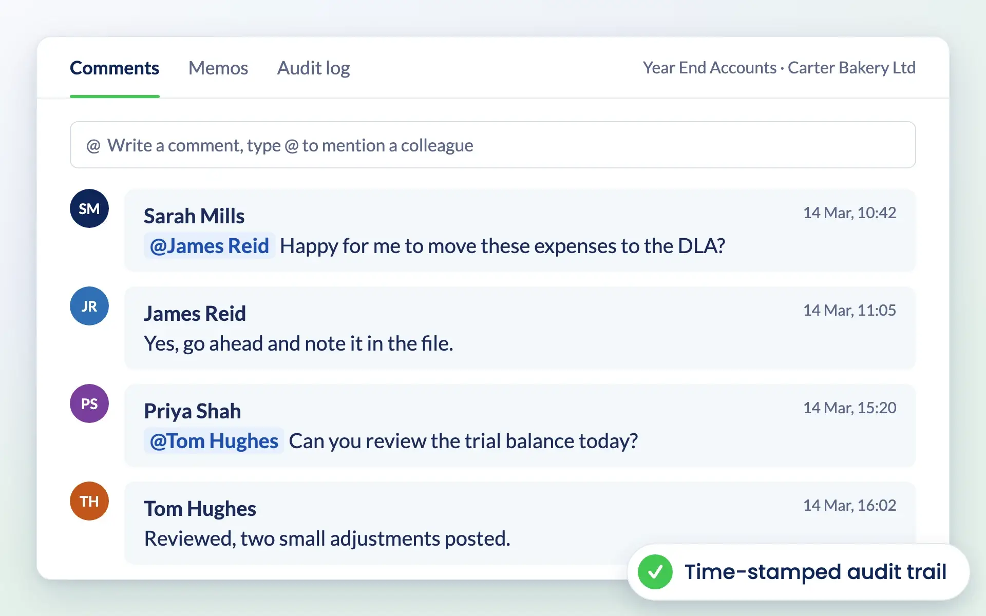 Comments on a job in Engager with colleague mentions and time stamps