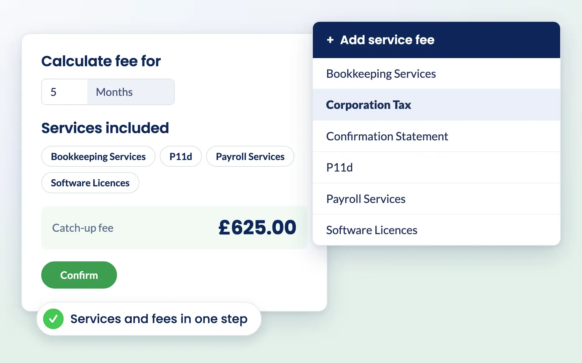 Engager catch-up fee calculator for five months with services included
