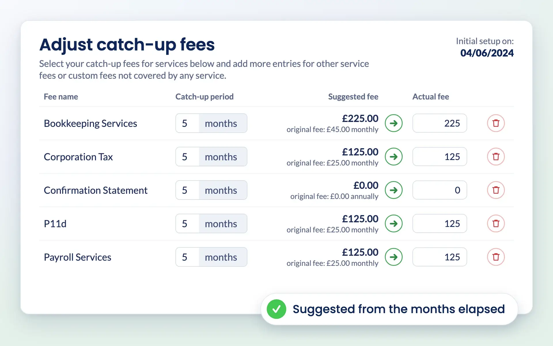 Engager catch-up fees screen with suggested and actual fees for each service