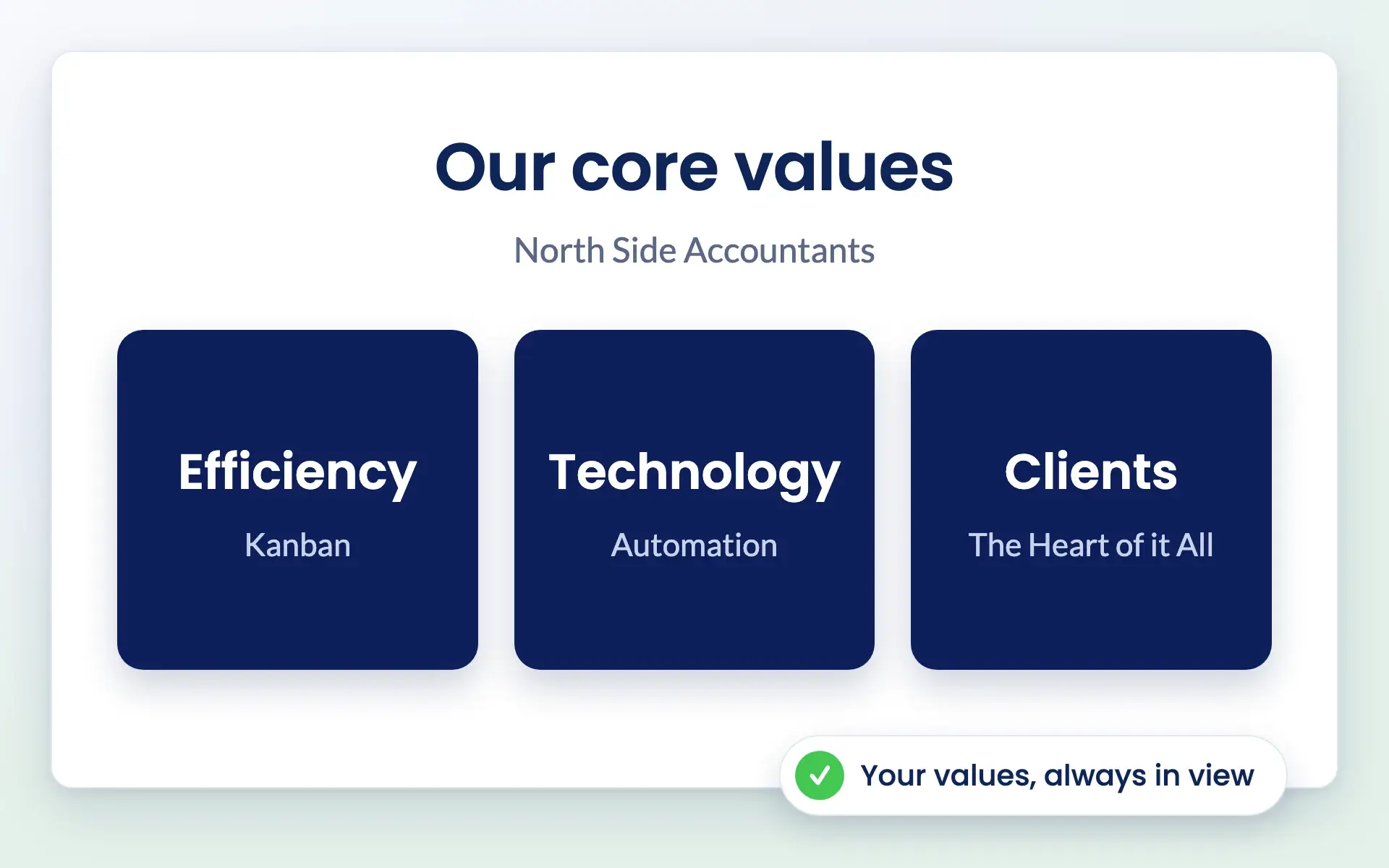 Engager core values page with three values: Efficiency, Technology and Clients