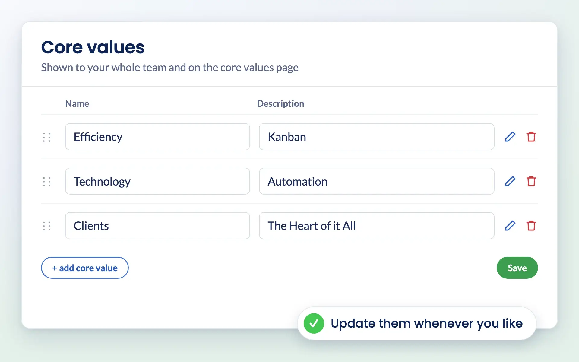 Engager settings for adding and editing core values