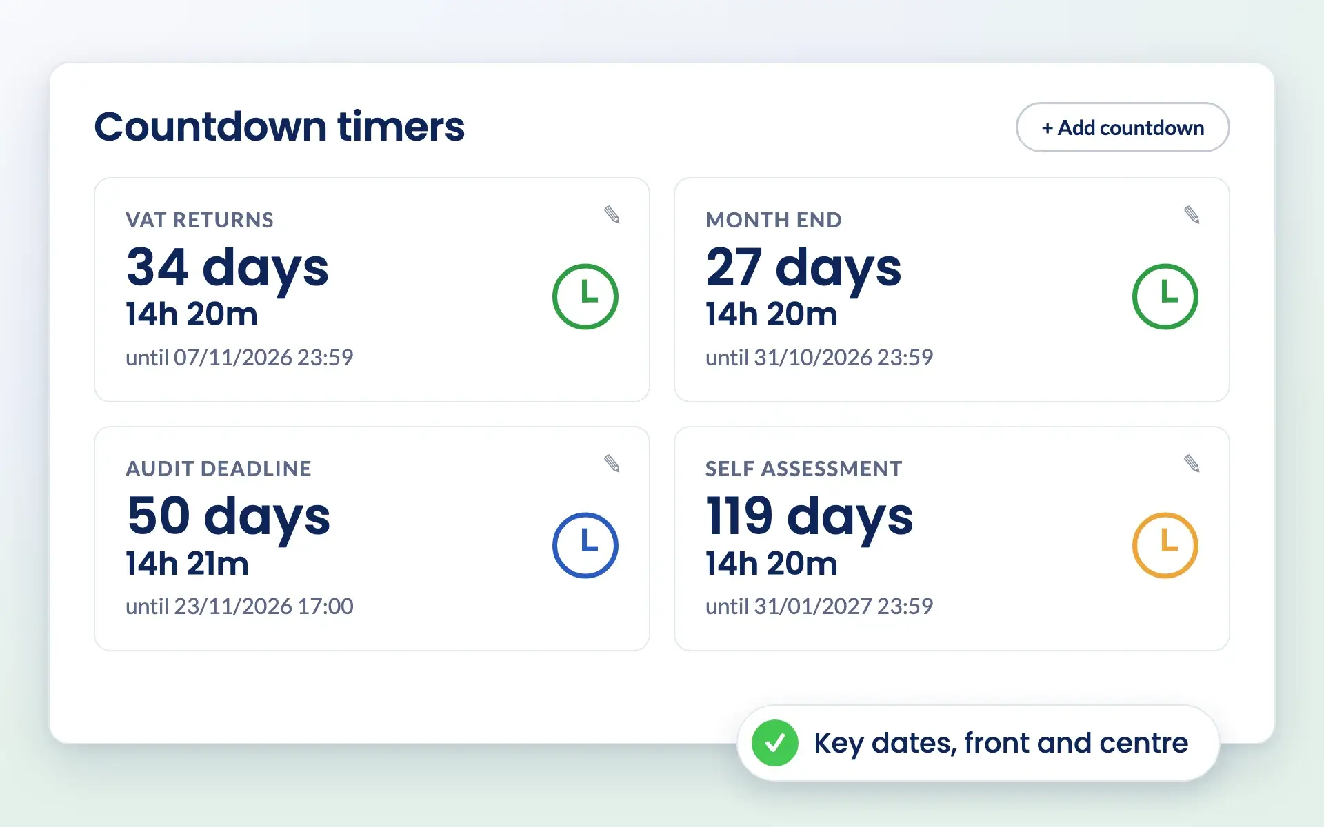 Engager countdown timers for VAT returns, month end and other deadlines