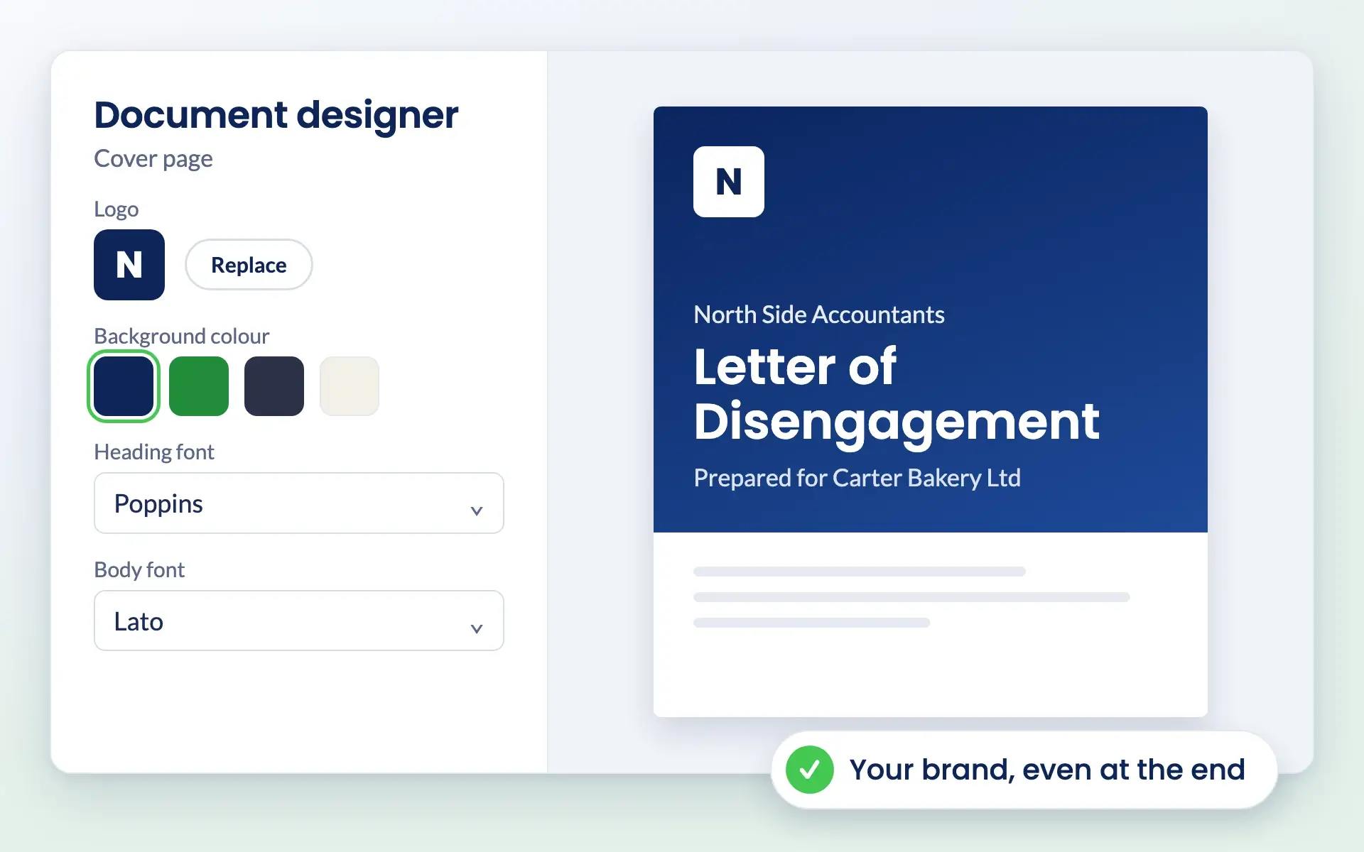 Engager document designer with logo, colours and fonts for a letter cover