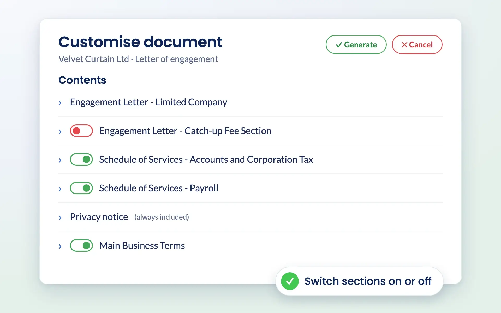 Customising a letter of engagement in Engager by switching sections on and off