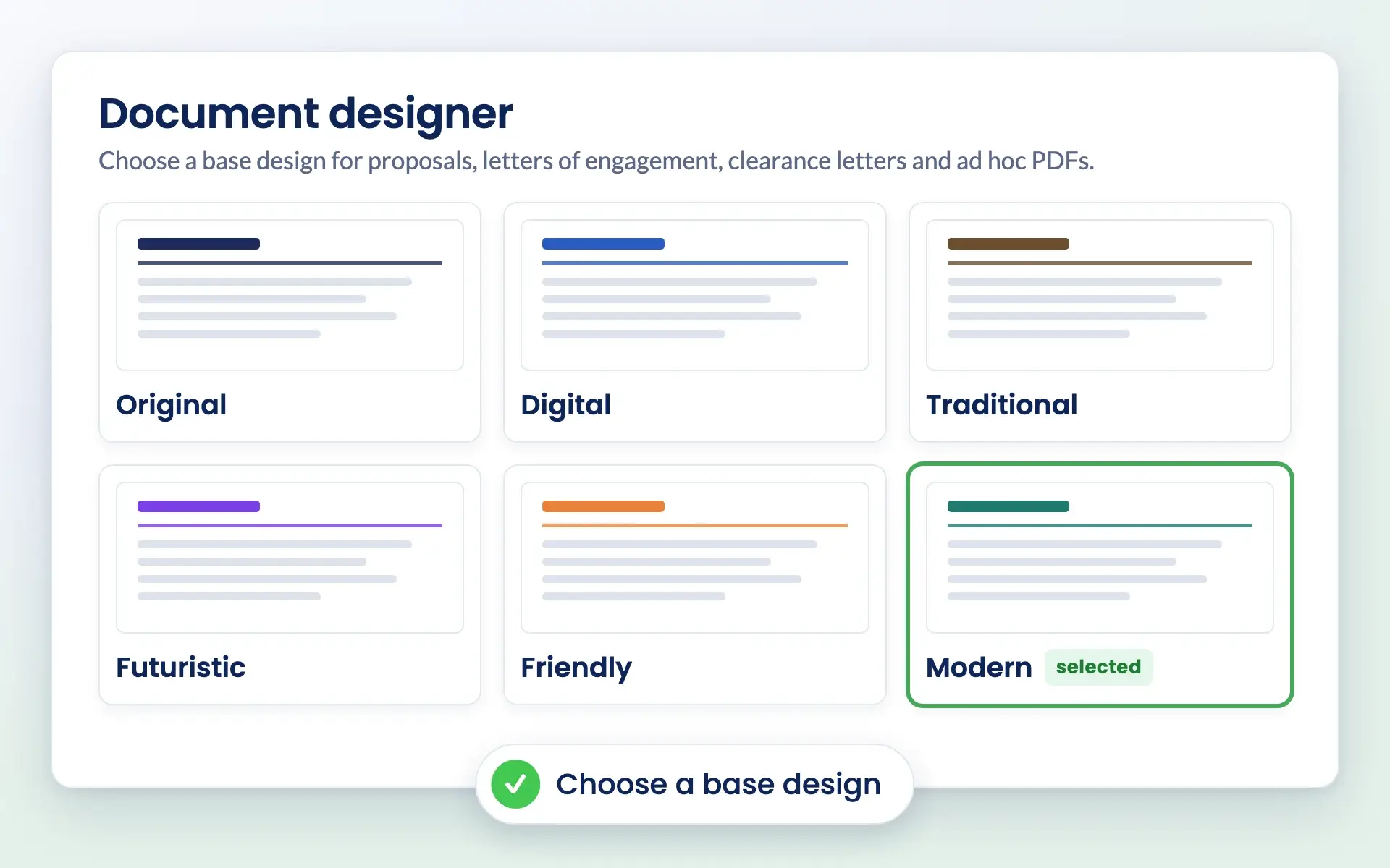 Engager document designer with six base designs to choose from