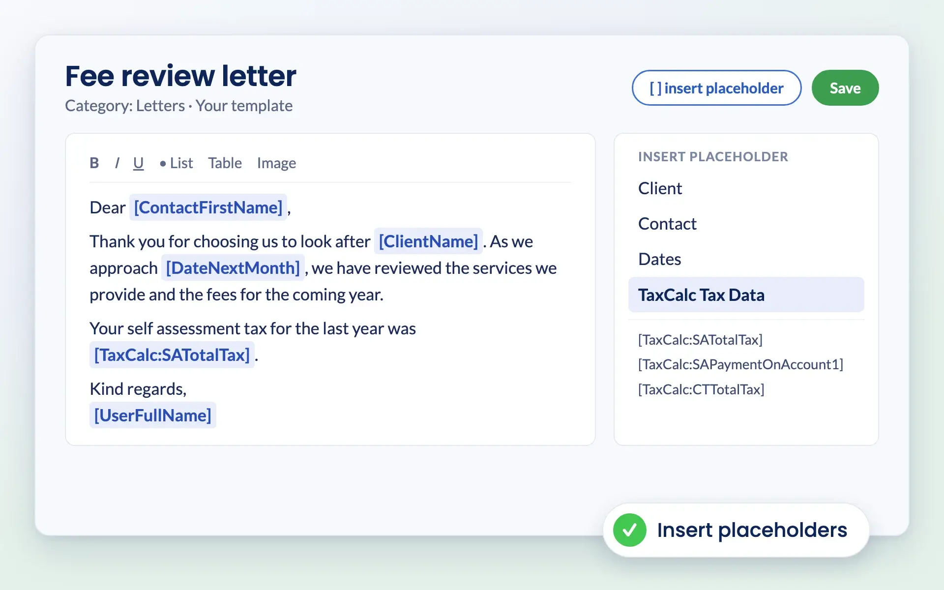 Editing a document template in Engager with client, date and TaxCalc placeholders