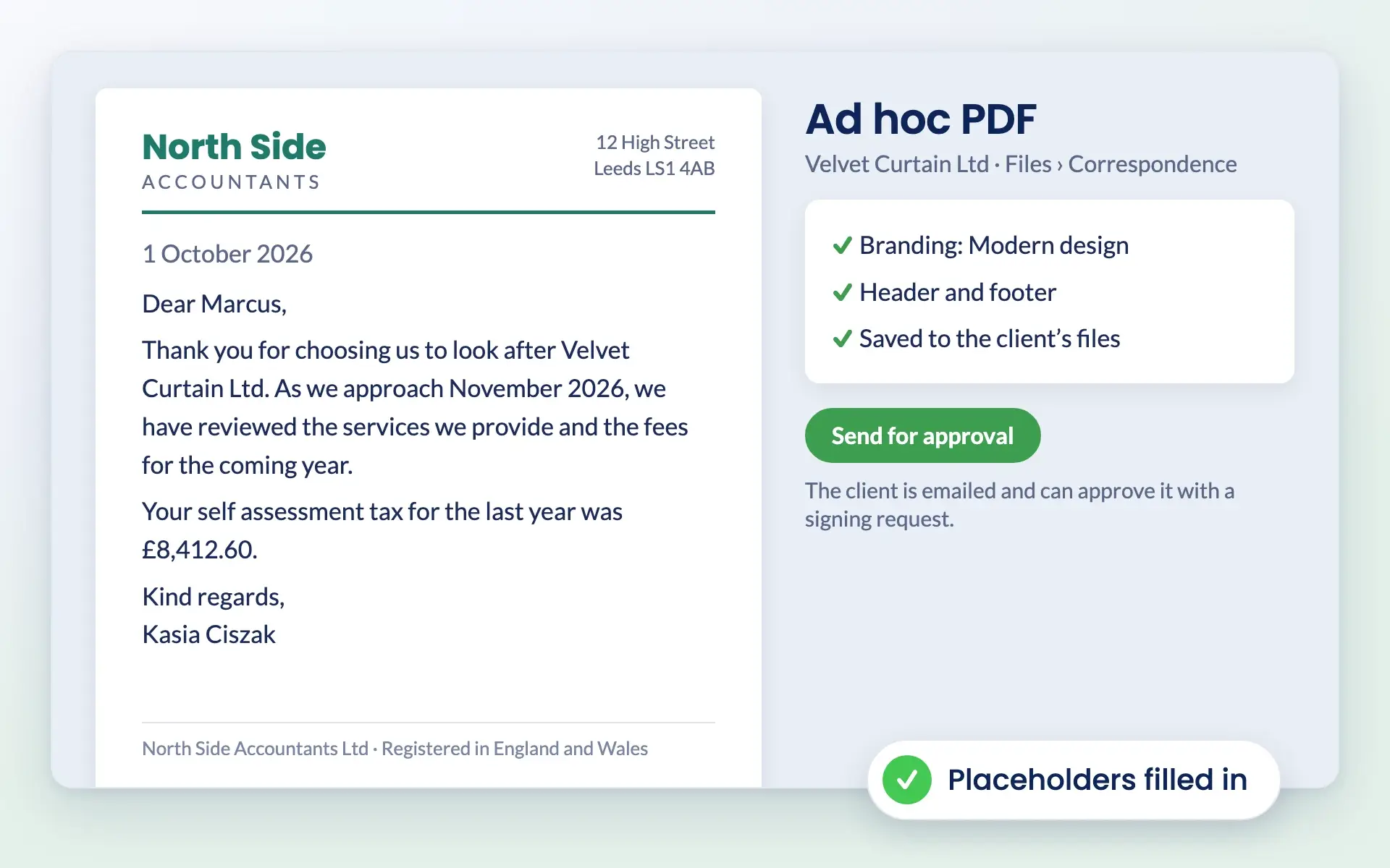 Branded letter generated from an Engager document template with placeholders filled in