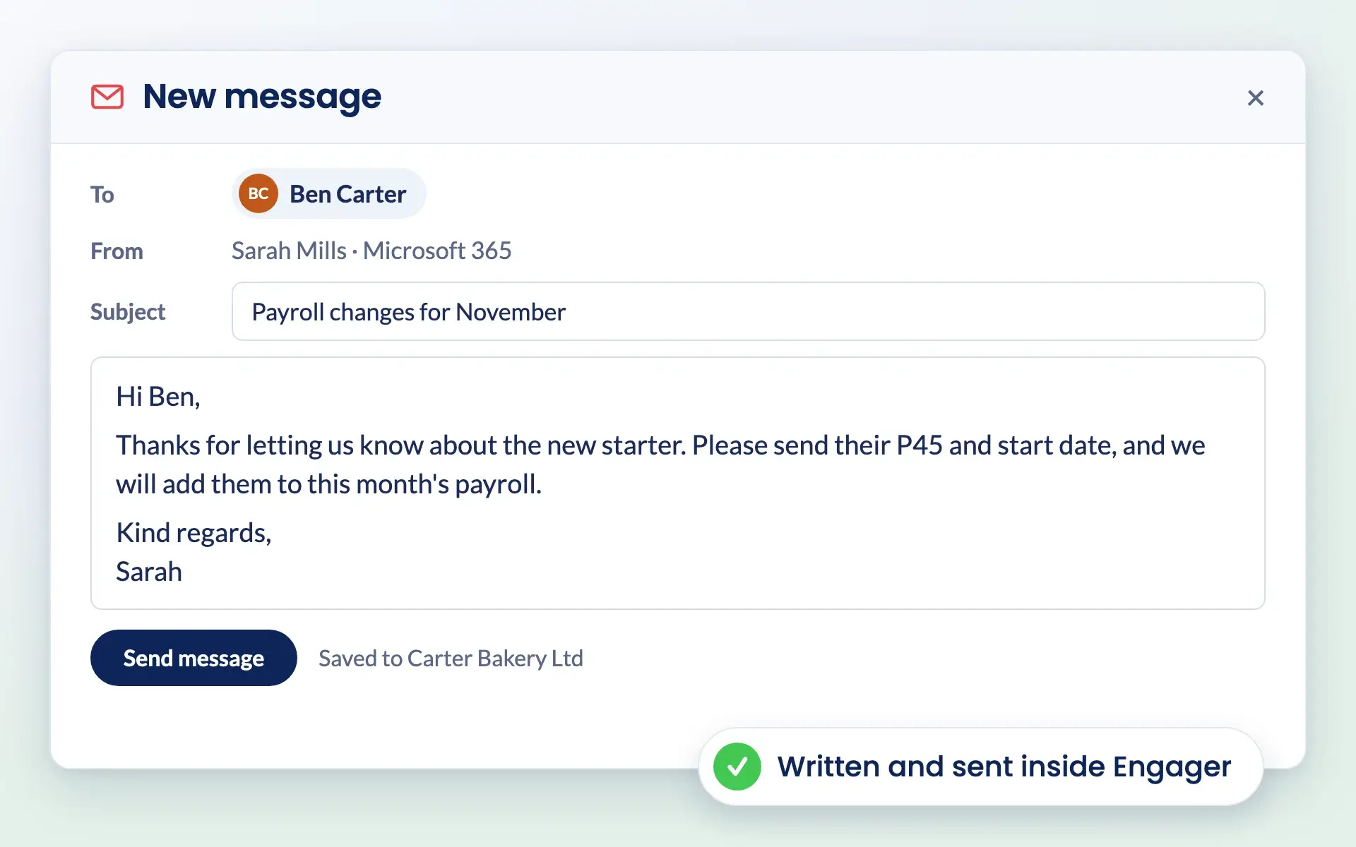 Writing an email to a client from inside Engager