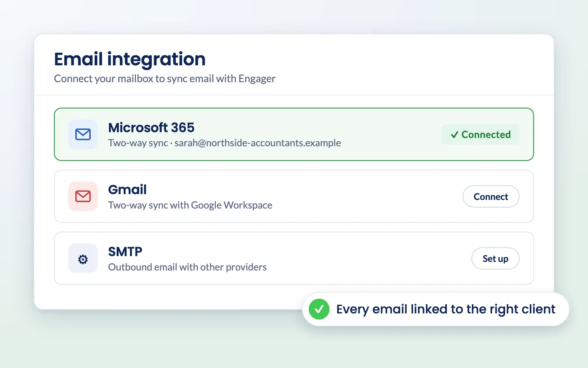 Engager email integration settings with Microsoft 365 connected and Gmail available