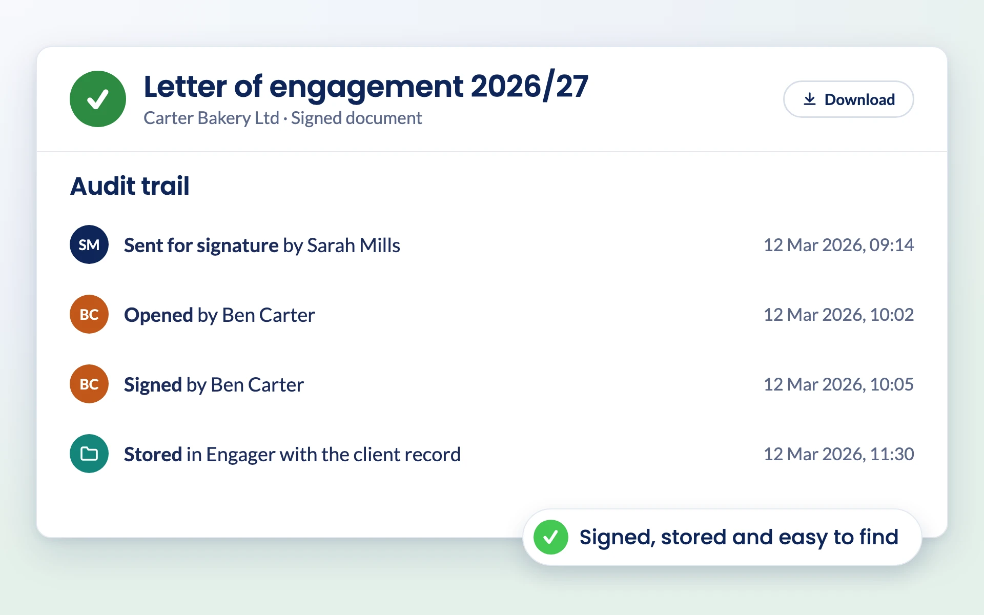 Audit trail of a signed letter of engagement in Engager
