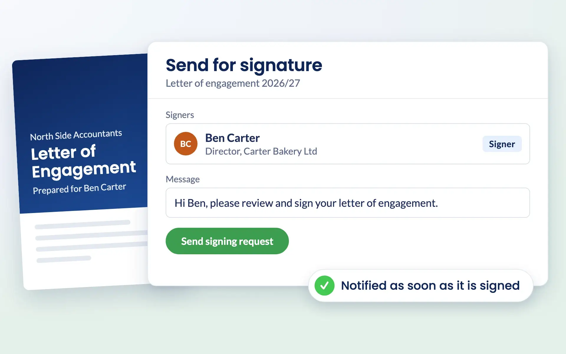 Sending a letter of engagement for e-signature in Engager
