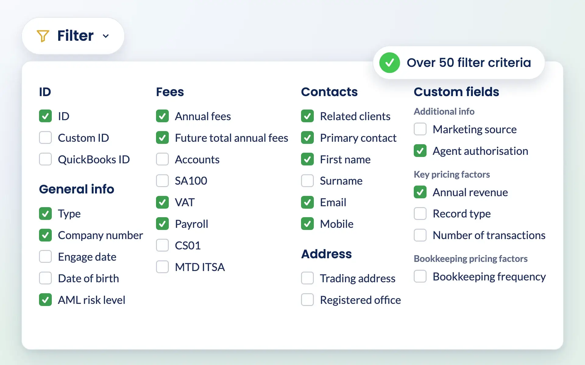 Engager filter menu with checkboxes for IDs, fees, contacts and custom fields