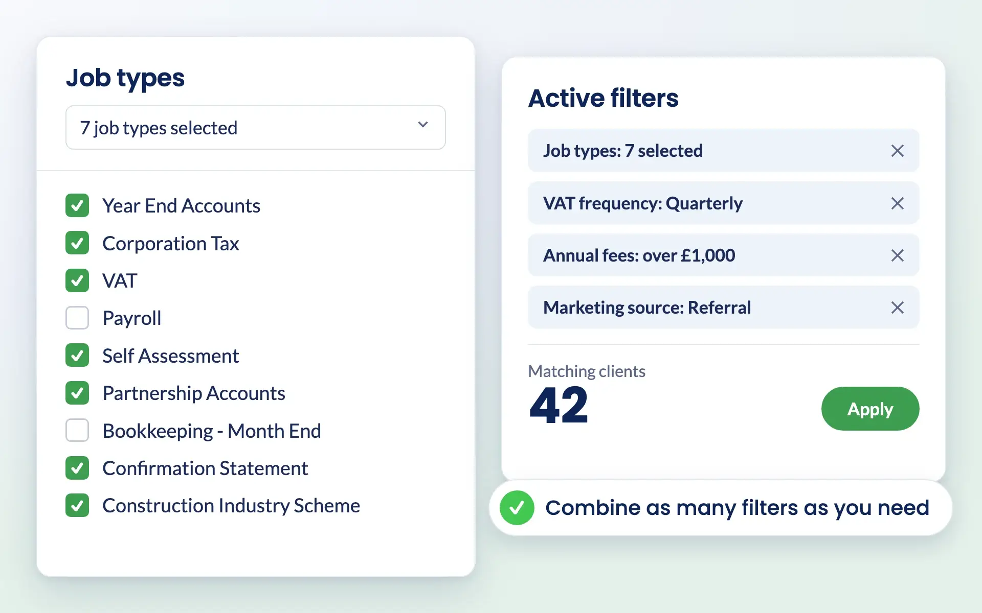 Engager job type filter with active filters and the number of matching clients