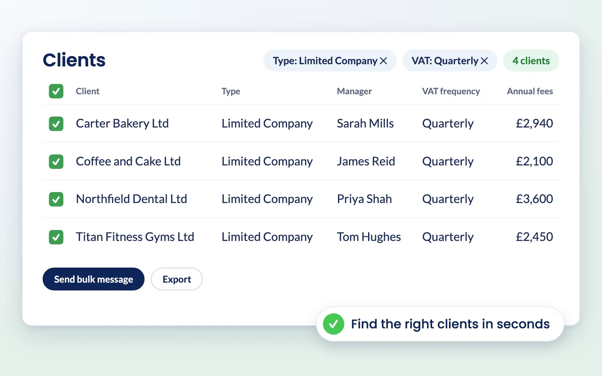 Engager client list filtered to limited companies with quarterly VAT
