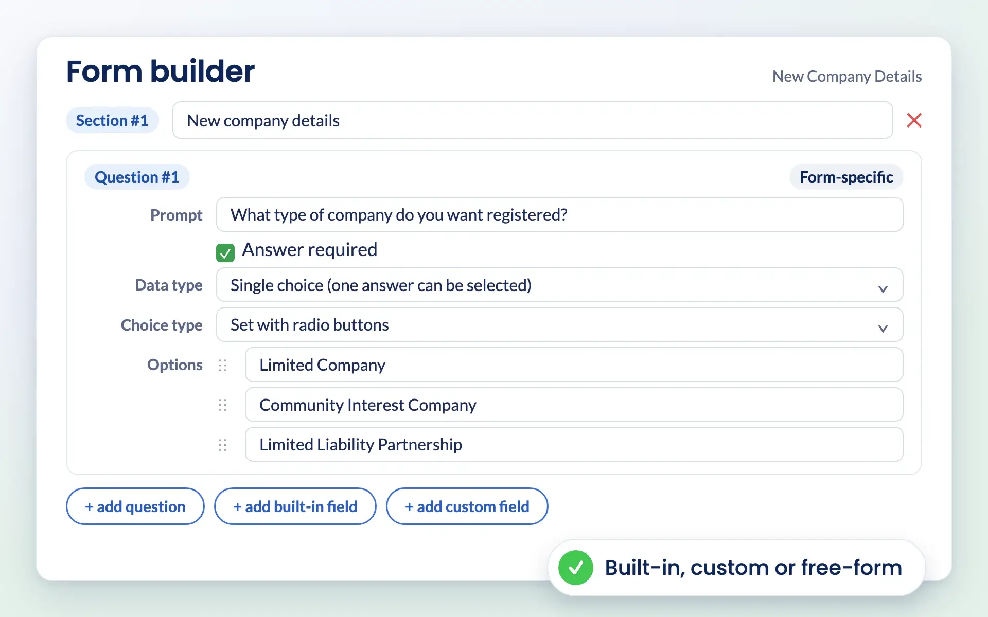 Engager form builder with a single choice question and options