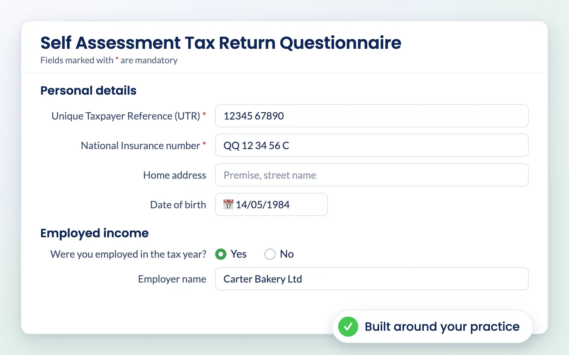 Self Assessment tax return questionnaire built with Engager forms