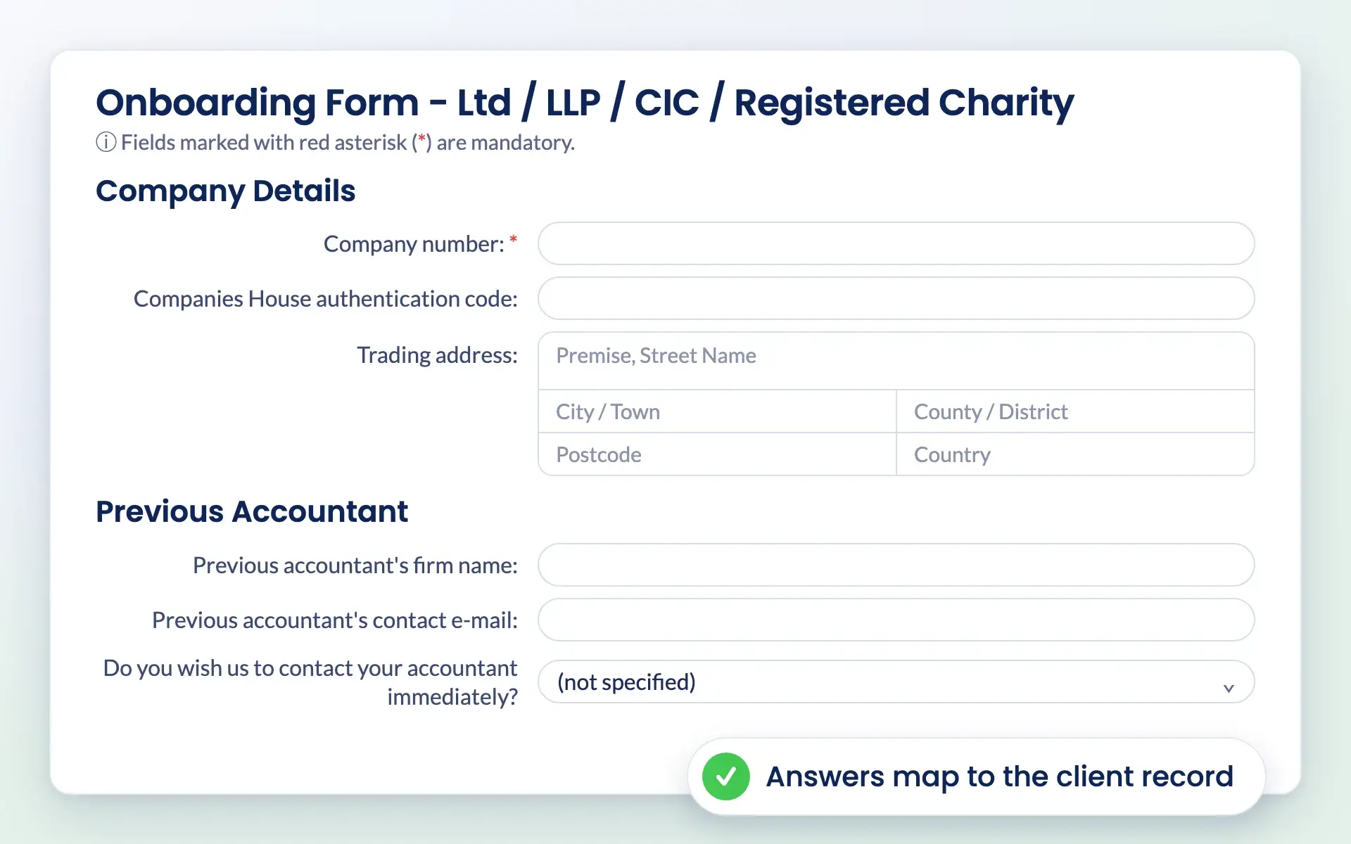 Engager onboarding form for limited companies with company and previous accountant fields