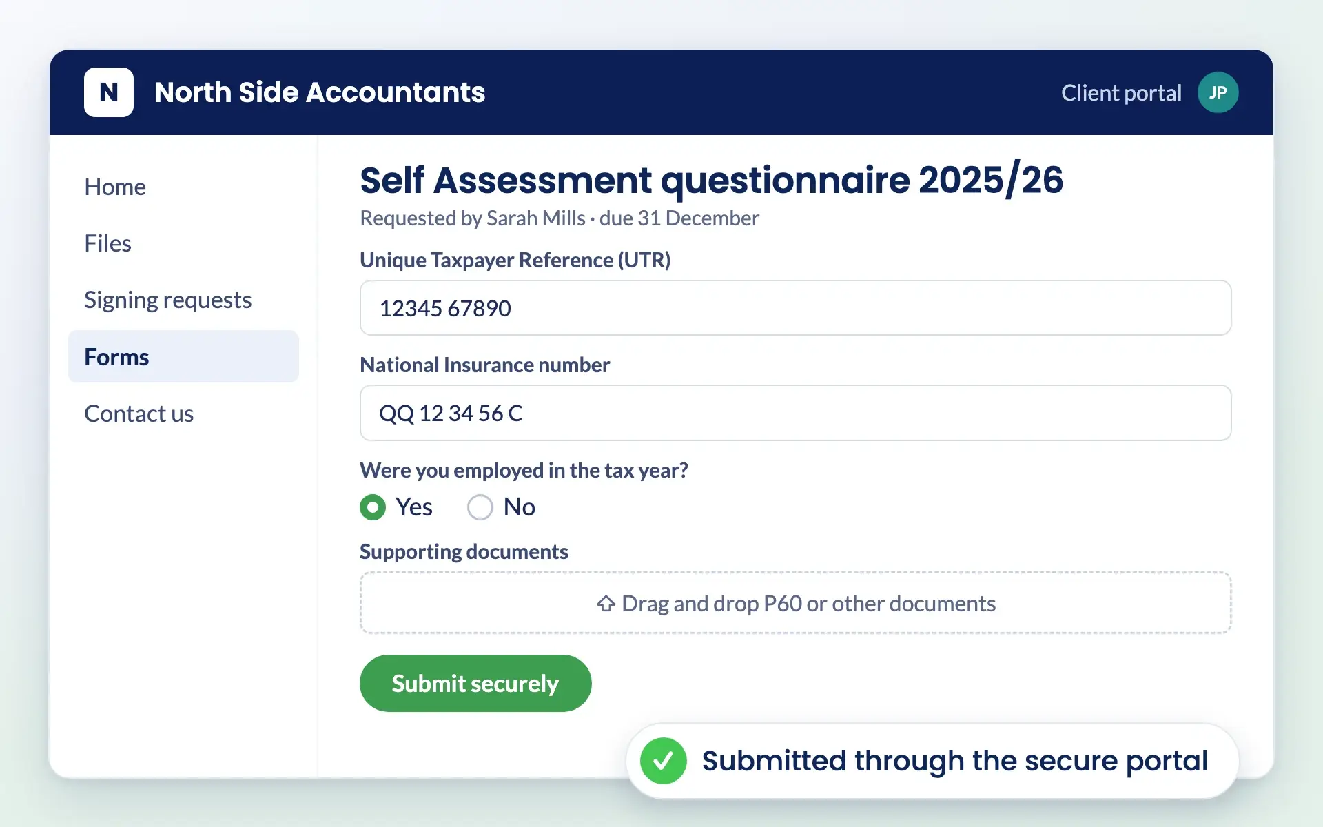 Client completing a Self Assessment questionnaire in a branded client portal