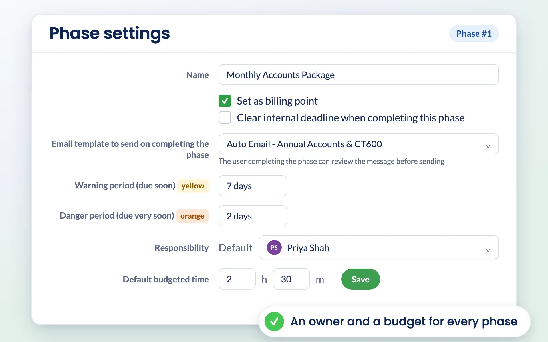 Engager phase settings with billing point, email template, warning periods and budgeted time