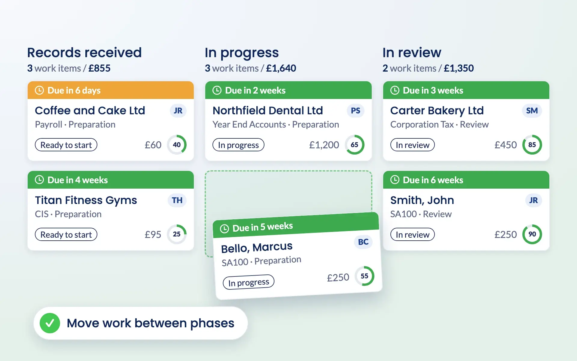 Moving a work item between columns on the Engager Kanban board