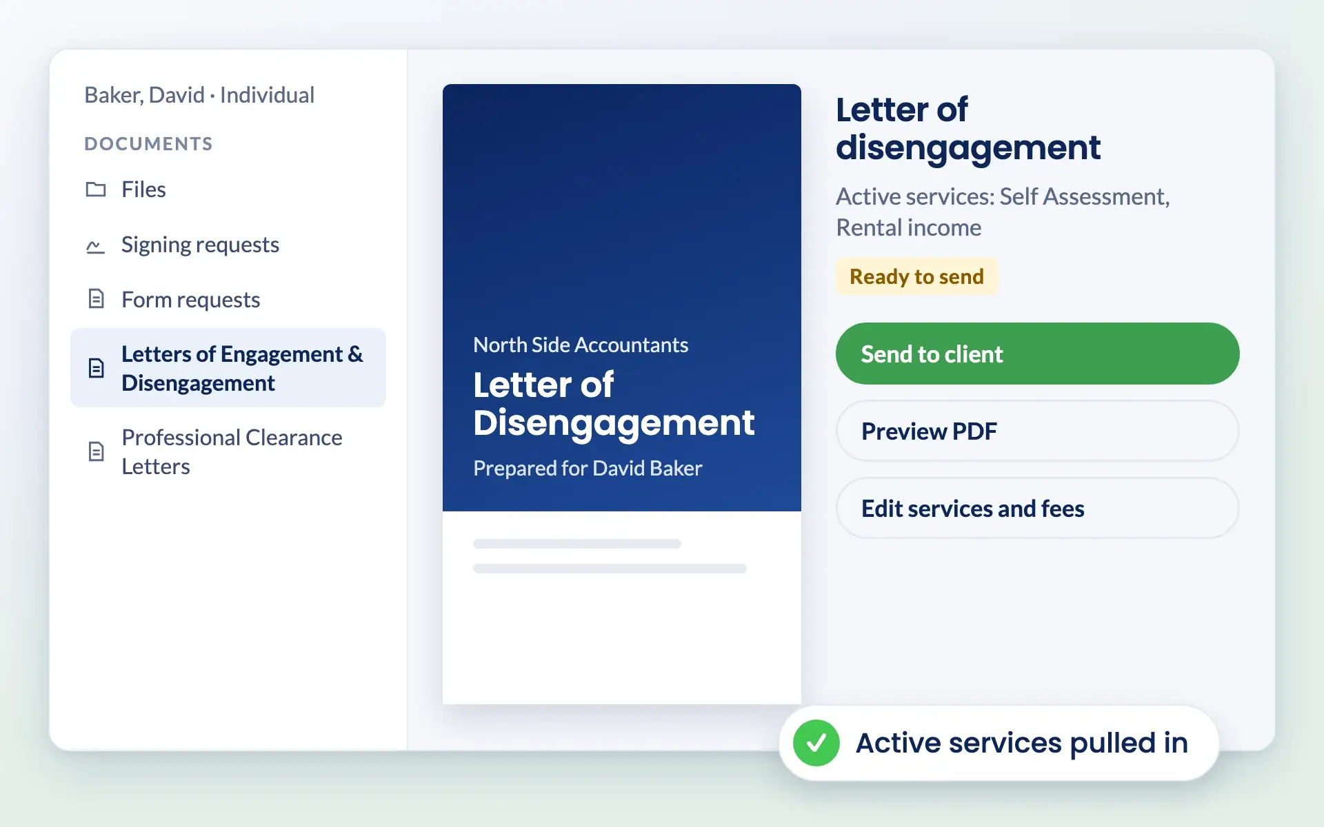 Letter of disengagement prepared from a client record in Engager