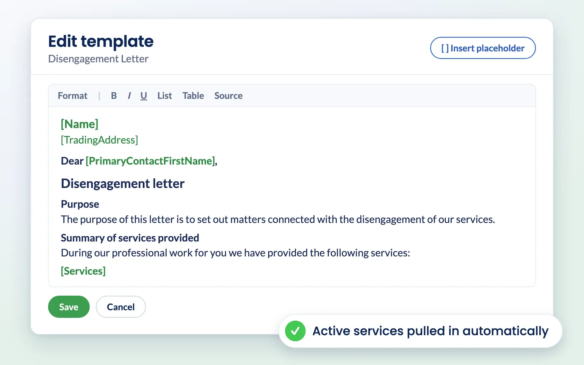 Editing a disengagement letter template in Engager with placeholders