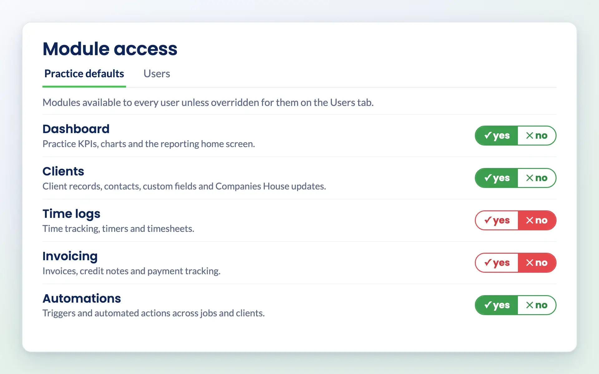 Engager module access practice defaults with yes and no switches for each module