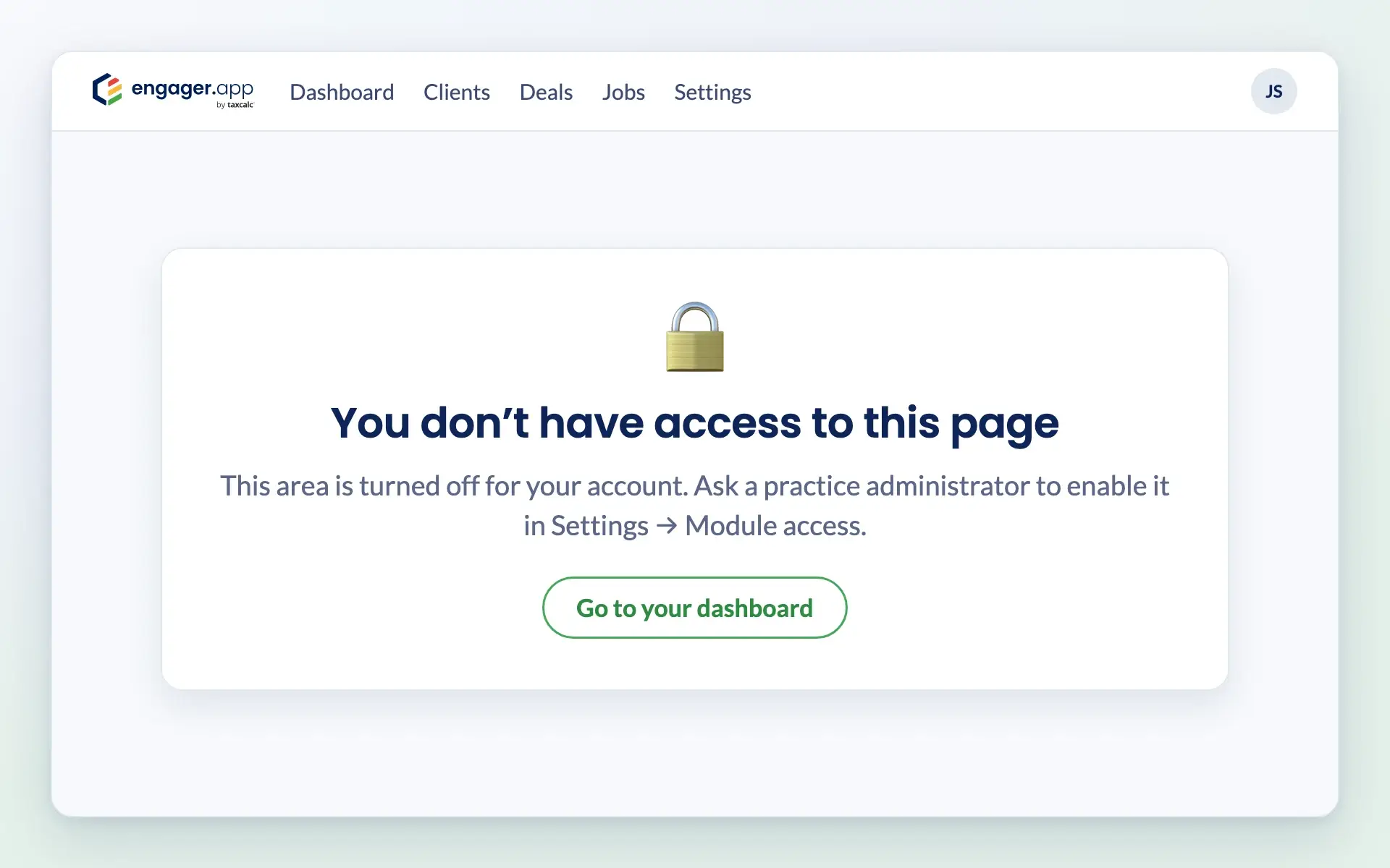 Engager page shown when a module is switched off for a user