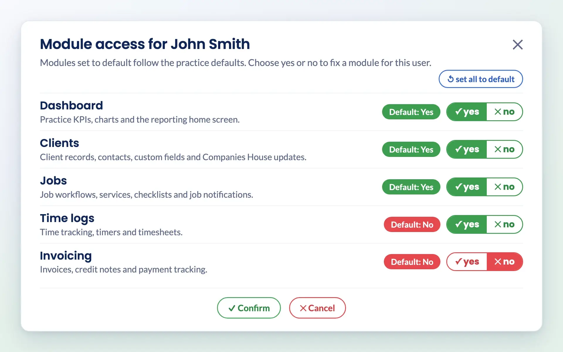 Setting module access for one user in Engager, overriding the practice defaults